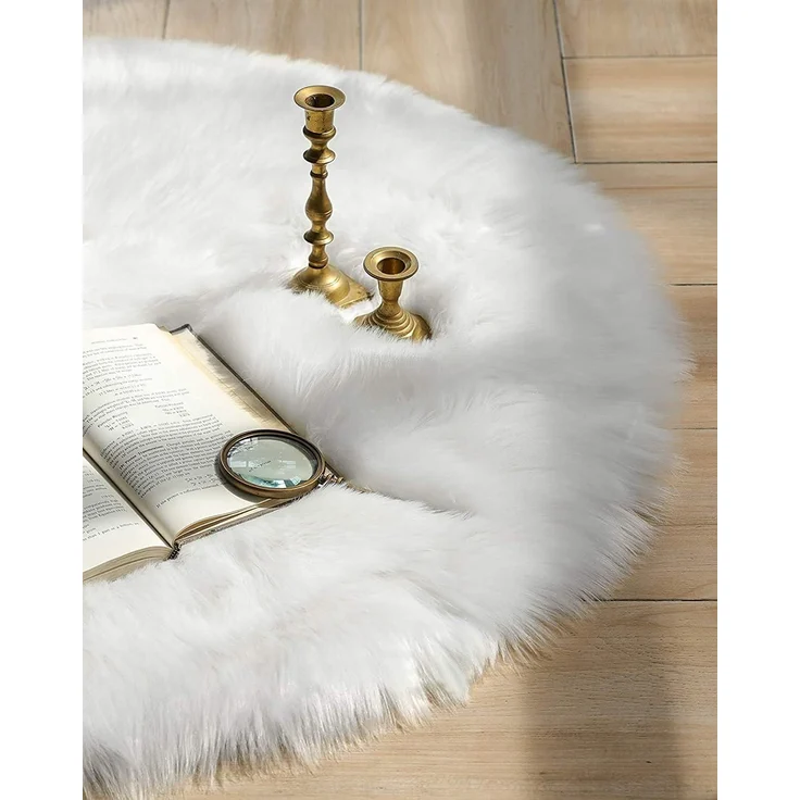 HEQUN Faux Lammfell Schaffell Teppich, Lammfellimitat Teppich Longhair Fell Optik Nachahmung Wolle Bettvorleger Sofa Matte (60x60 cm, Weiße) – Bild 2