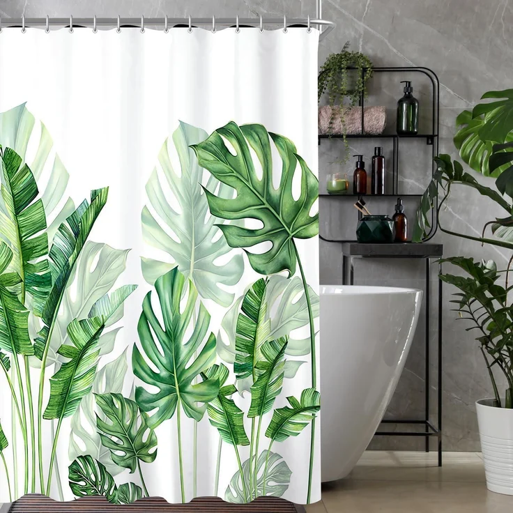 Duschvorhang Grün Blätter 120x200 Textil Wasserabweisend Waschbar Badevorhang – Bild 8