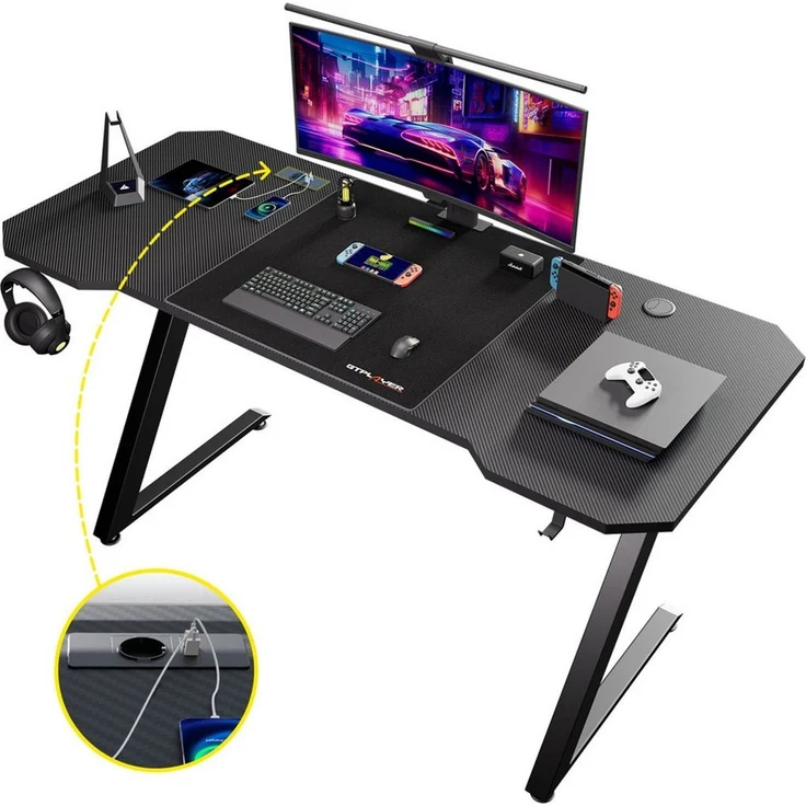GTPLAYER Gamingtisch 120×60 Gaming Tisch mit Mauspad PC Tisch Kohlefaseroberfläche, Stabiler Computertisch mit Kopfhörerhaken, Schwarz – Bild 1