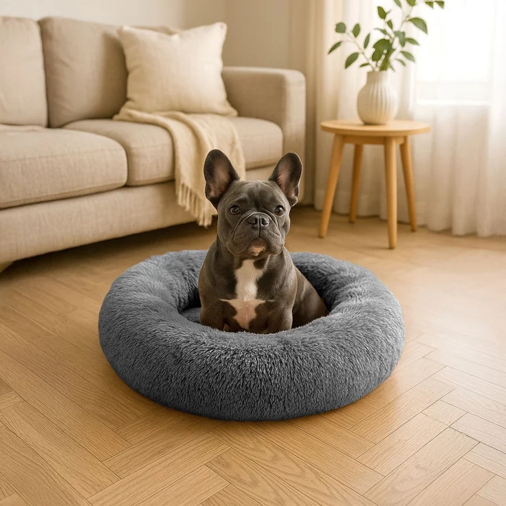 belviona Donut-Hundebett, kuscheliges Plüschbett mit weicher Füllung, sicherem Halt & ergonomischem Rand, 70 cm Durchmesser, anthrazit – Bild 1