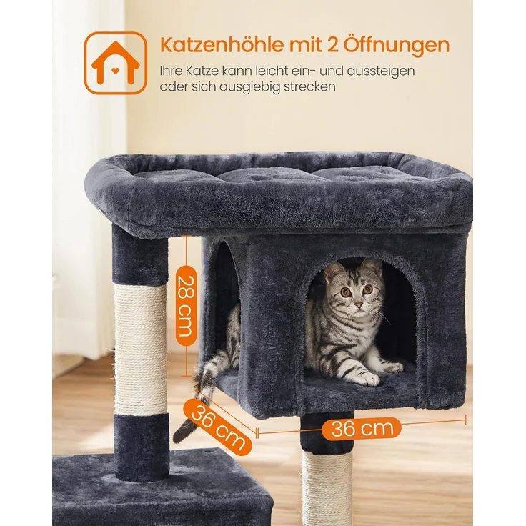 Feandrea Kratzbaum, 84 cm Katzenbaum, L, Katzenhaus für große Katzen bis zu 7 kg, große Plattform, 2 Katzenhöhlen, Sisalstämme, rauchgrau PCT61G – Bild 4