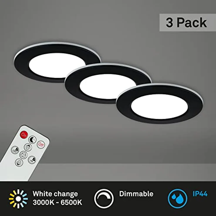 BRILONER 3er Set Bad Einbaustrahler LED, dimmbar und einstellbare Farbtemperatur von warmweiß bis kaltweiß, mit Fernbedienung, IP44, 92x45 mm, Schwarz – Bild 2