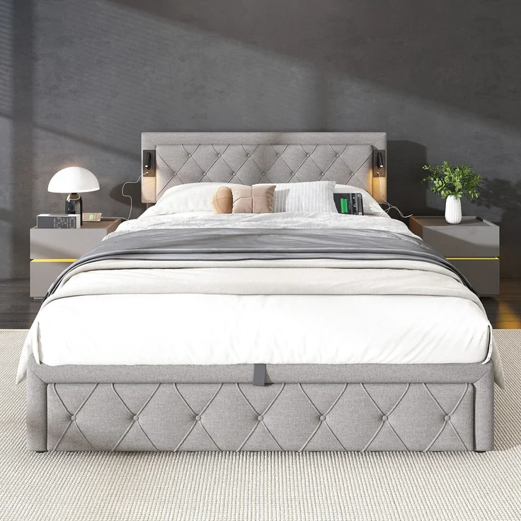 Polsterbett mit LED-Beleuchtung und Lattenrost, Kopfteil mit Spots, Type-C und USB Anschlüssen, 160x200 cm, gepolsterter Kopfteil, Doppelbett, Stauraumbett, Leinen – Bild 1