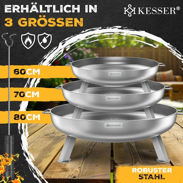KESSER® Feuerschale mit 2,5 mm Stahldicke Feuerkorb aus Edelstahl / Stahl inklusive 42cm Feuerhaken aus Gusseisen, Wasserablauf & 2 stabile Griffe für Holz & Kohle Feuerstelle für Garten & Terrasse Ø 70 cm, Legierter Stahl – Bild 8