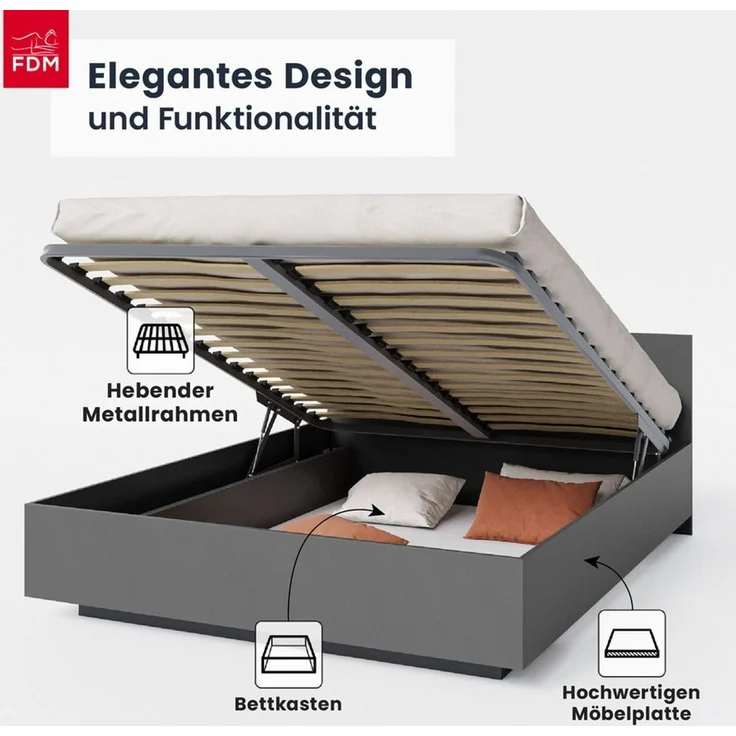 FDM Stauraumbett Bett Stauraumbett PERU Bettgestell 90x200, 140x200 & weitere Größen (verfügbar 90x200 120x200 140x200 160x200 180x200cm, Bettrahmen, Bett, mit großen Kopfteil, mit Bettkasten zum aufklappen), mit/ohne Matratze – Bild 2