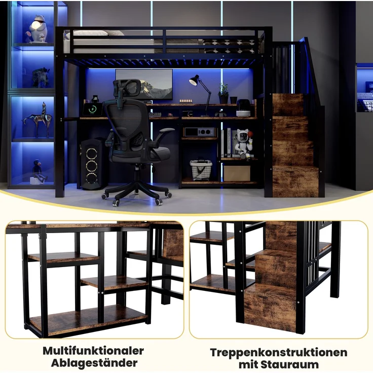 Hochbett, 90 x 200 cm, Metallbettgestell, Leiterschrank, Ablagefach, USB + Typ-C, LED-Lichtleiste, Ohne Matratze, Schwarz – Bild 7