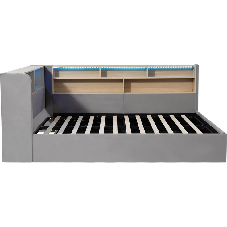 Daybett 140x200 cm mit hydraulischem Stauraum, Polsterbett, Tagesbett, Schlafsofa mit LED, USB & Rückenlehne, Samt, grau – Bild 8