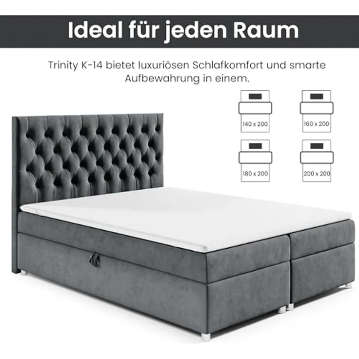 Best For Home Boxbett Trinity K-14, Graphit, 200x200 cm, Boxspringbett mit Bettkasten und 18 cm hoher Matratze – Bild 5