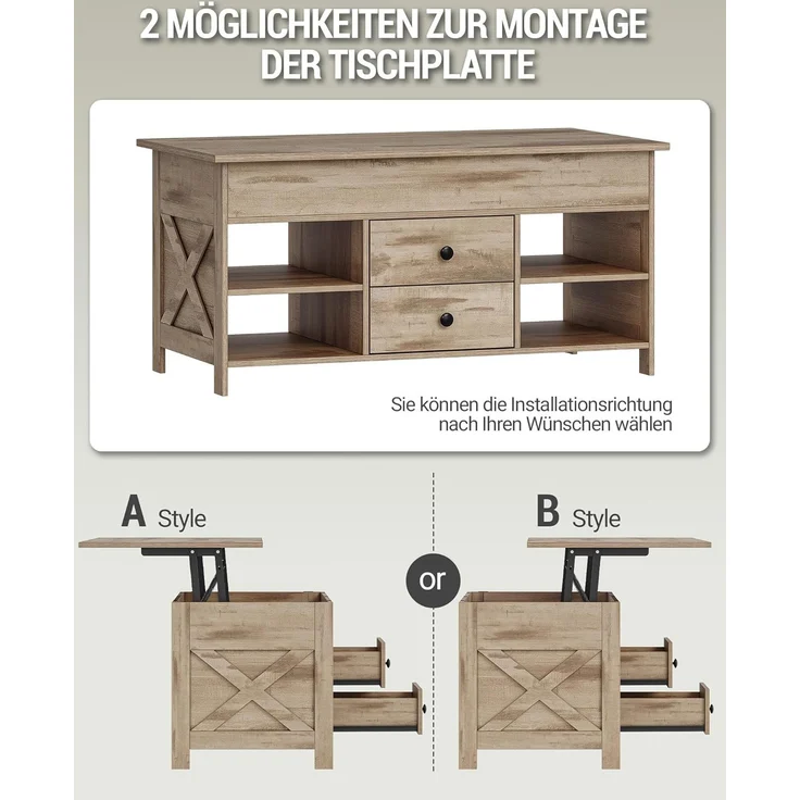 Couchtisch, höhenverstellbarer Wohnzimmertisch, Sofatisch, 2 Schubladen und Versteckter Stauraum, 50 x 100 x 47,3-61,3 cm, für Wohnzimmer, Esszimmer, Büro, Kamelbraun-Schwarz – Bild 4