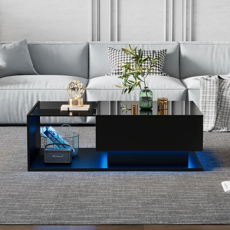 Couchtisch mit Glas, 1 Schublade, LED-Beleuchtung per App steuerbar, 100x50x32 cm, stoßfestes Glas – Bild 2