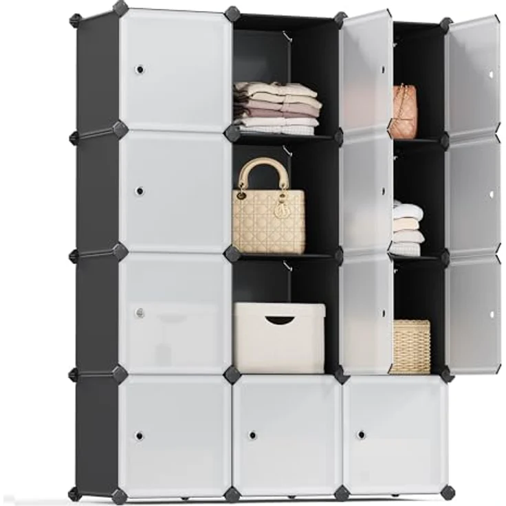 Songmics Regalsystem, Schuhregal, Set aus 12 Würfeln, Kleiderschrank aus Kunststoff, mit Türen, Steckregal, Aufbewahrung von Kleidung, Schuhen und Büchern, einfache Montage, schwarz LPC34HV1 – Bild 2
