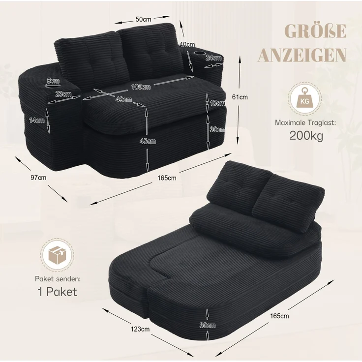 Schlafsessel 165cm×97cm×61cm 2-in-1 mit Liegefunktion und Getränkehaltern – Bild 3