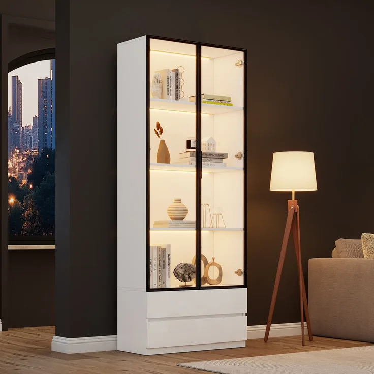 N625P332011012W)80*34*200cm Vitrine, Hochschrank mit LED-Leuchten, Wohnzimmer-Beistellschrank mit 2 Türen,Vitrinenschränke mit 2 Schubladen,Aufbewahrungsregale, Bücherregal, Display Regal,Weiß--Weiß--80x34x200cm--YOUDENOVA
