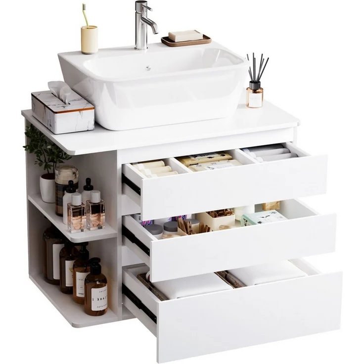 Yorbay Waschbeckenschrank Wandhängend Unterschrank, mit 3 Soft Close Schubladen, Seitenregal Waschtischunterschrank 80 cm, Weiß, Waschbecken exklusive – Bild 1