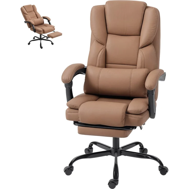 MELAYR, Bürostuhl mit Katzenpfotenleder-Bezug, Fußstütze, höhenverstellbar, rollbar, Braun, 67 x 65 x 119 cm – Bild 2