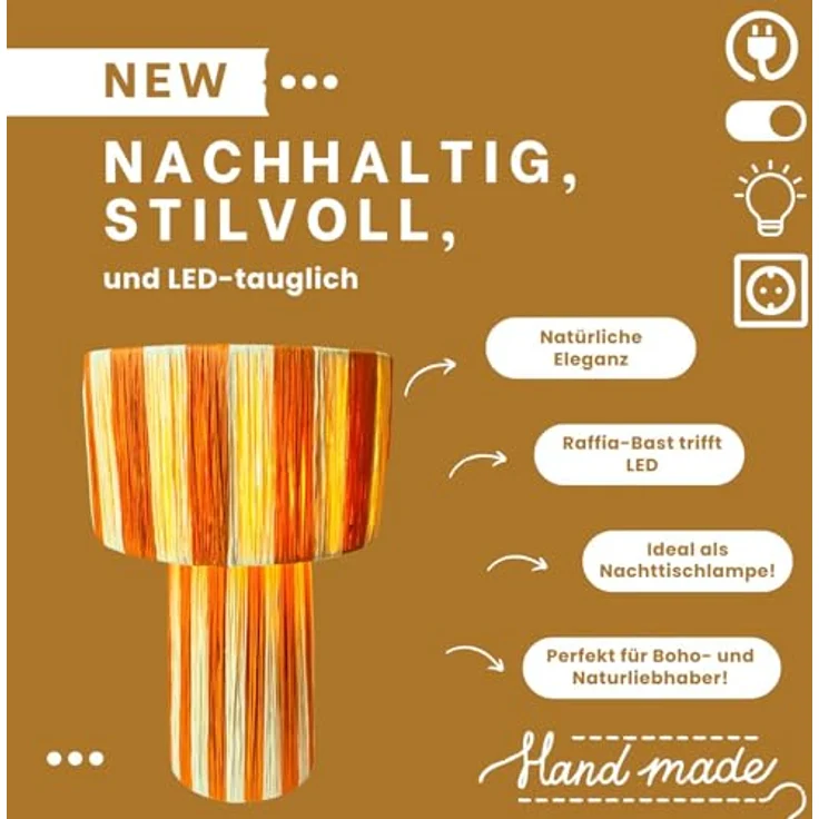 Marrakesch Morjana Tischlampe 42cm aus Raffia-Bast | Boho Stehlampe in Beige Orange mit E27 Fassung für Wohnzimmer, Schlafzimmer und Kinderzimmer Deko – Bild 6
