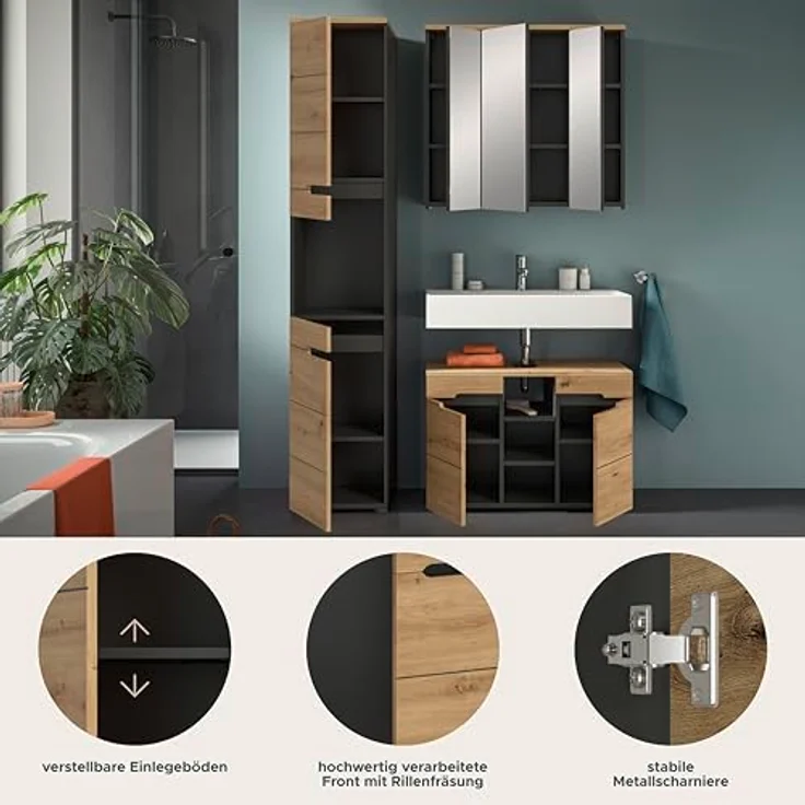 Xonox Canu Badkombination (B/H/T: 133x193x34 cm) in Basalt grau Nachbildung und Artisan Nachbildung – Bild 9
