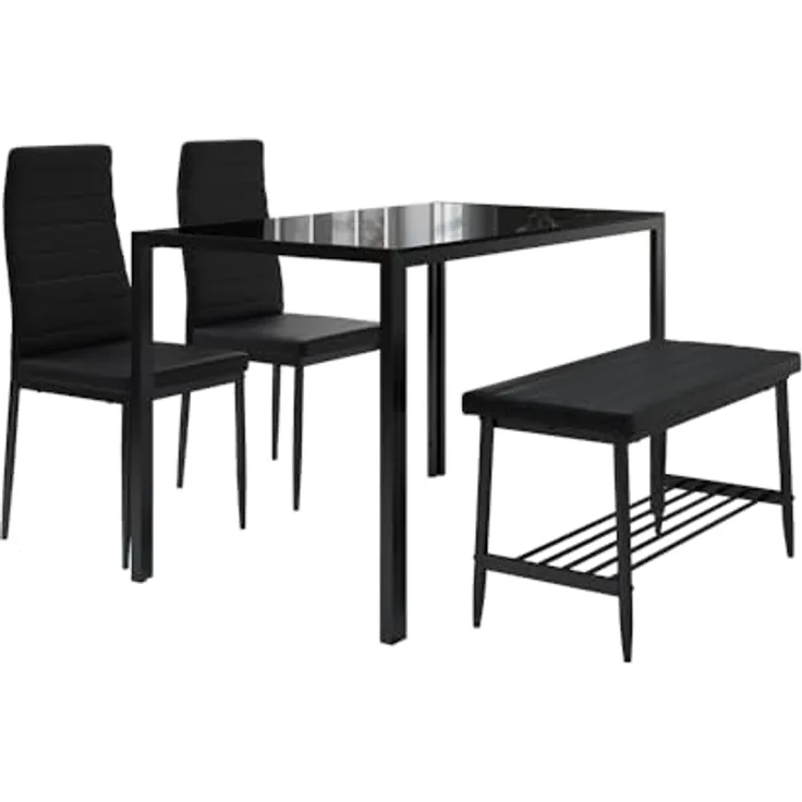 Vicco Esstisch-Set Grand, Schwarz, Rechteckiger Tisch 120x75x70 cm aus Glas und Metall mit Kunstlederbänken und Stühlen