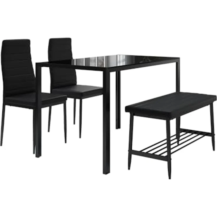 Vicco Esstisch-Set Grand, Schwarz, Rechteckiger Tisch 120x75x70 cm aus Glas und Metall mit Kunstlederbänken und Stühlen – Bild 1