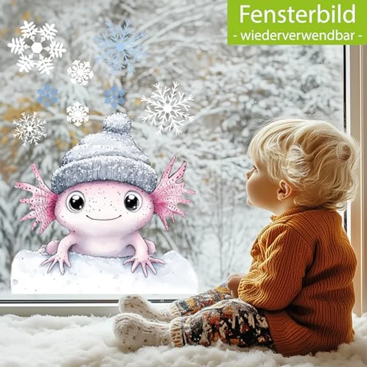 Sunnywall Fensterdekoration Kinderzimmer Fensterbild Winter Axolotl mit Mütze, wiederverwendbar, statisch haftend, beidseitiger Druck – Bild 3