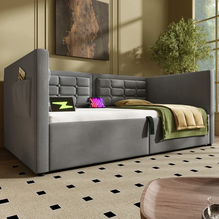Polstertes Schlafsofa 205×106×75cm,Samt mit hydraulischem Stauraum, USB- & Type‑C‑Ladestation,Grau – Bild 1