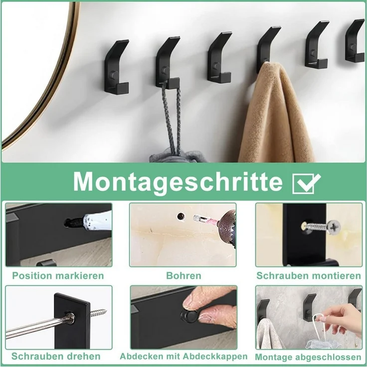 Forrlite Kleiderhaken, Garderobenhaken, Kleiderhaken zum Schrauben, Wandgarderobe, (Haken für Akustikpaneele, Schlafzimmer, Wohnzimmer, Badezimmer, (6-St), Wandhaken für Garderobe, Jacken, Hut, Metall, Schwarz) – Bild 4