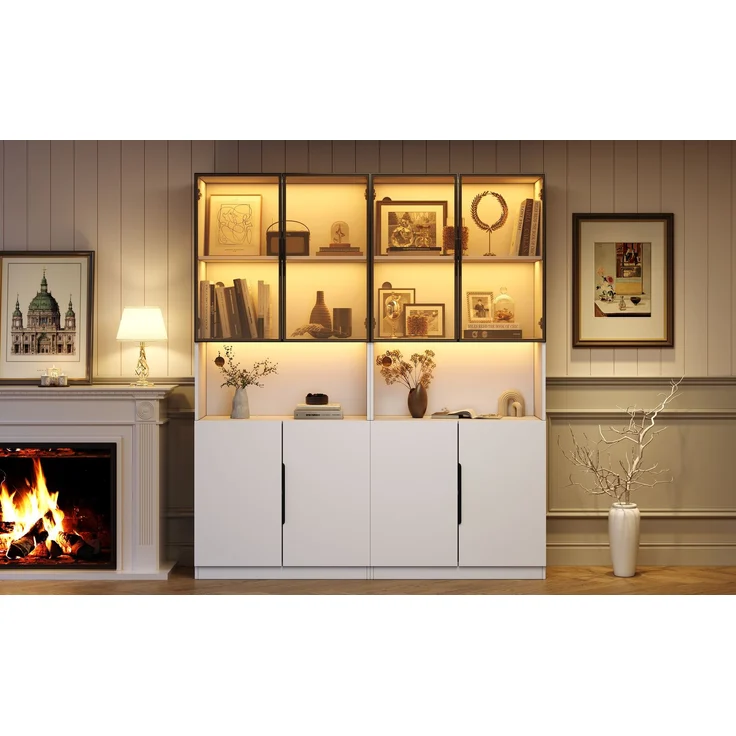 ZUBALIYA Vitrine (30 x 160 x 200 cm), LED - Beleuchtung, Verstellbare Einlegeböden, Stauraum für Wohnzimmer und Esszimmer, Weiß – Bild 9