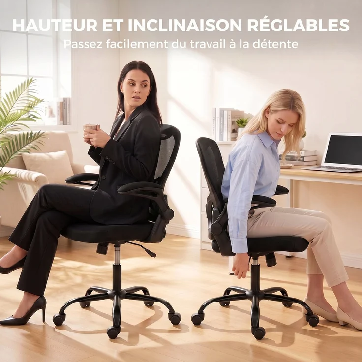 Ergonomischer Bürostuhl, Bürostuhl aus Netzgewebe, hochklappbare Armlehnen, höhenverstellbar, Wippfunktion, schwarz – Bild 7