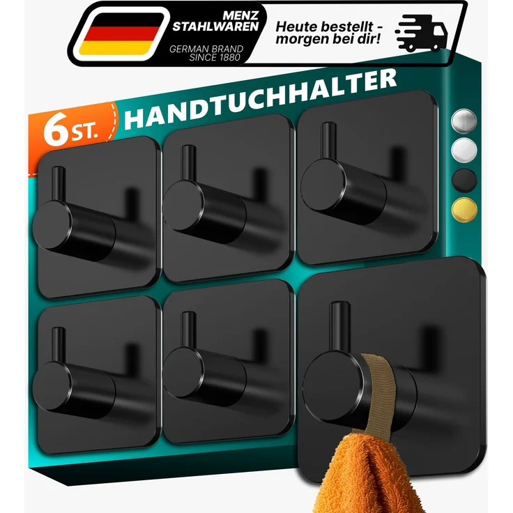 Lindenstein Selbstklebende Handtuchhaken 6er-Set Schwarz – Edelstahl 304, bis 10 kg – Bild 1