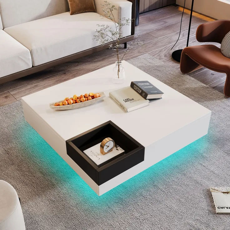 LVHOM Couchtisch Hochglanz mit LED, Beistelltisch Scandi mit herausnehmbaren Holzbox, Wohnzimmertisch Indutrial Kaffeetisch, 72x72x30cm, Weiß