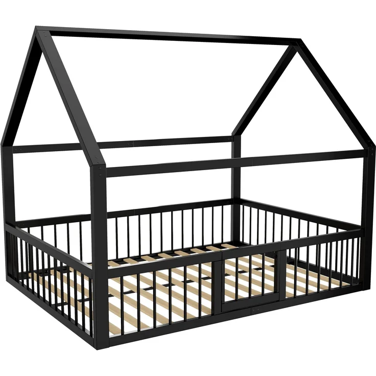 Hausbett mit Lattenrost, Zaun, Tür und Rausfallschutz, 140x200 cm, Metallbett, Kinderbett, Doppelbett, Jugendbett – Bild 9