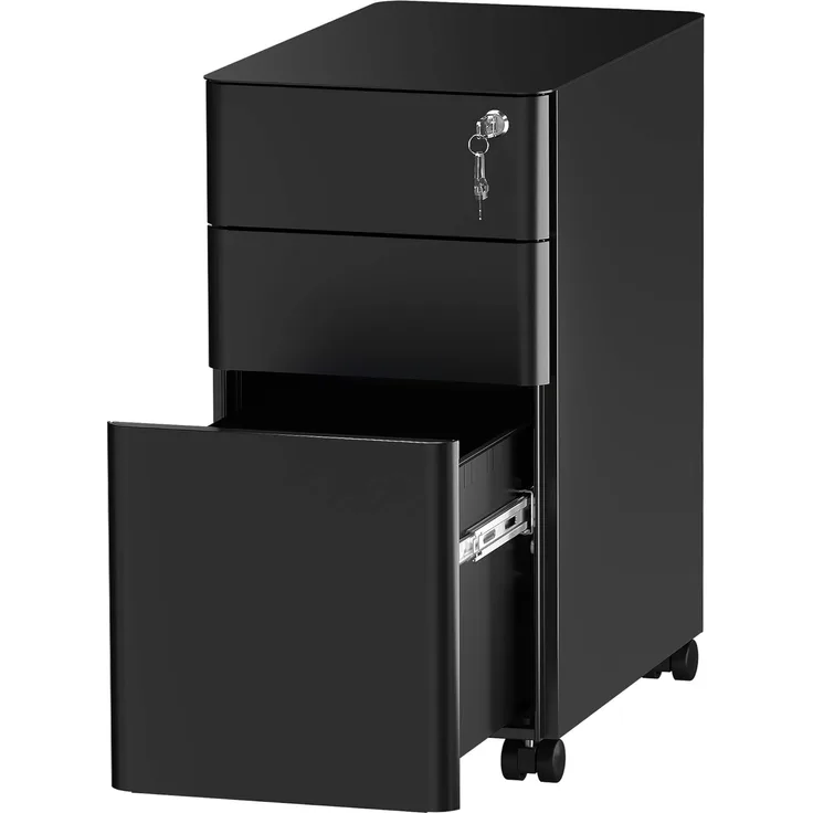 YITAHOME Vollständig Montierter Rollcontainer aus Metall mit 3 Abschließbaren Schubladen, Anti-Kipp-Roll-Aktenschrank mit 360°-Mobilrad, Aktenschrank Unter Dem Schreibtisch, Schwarz, 46 x 30 x 59 cm