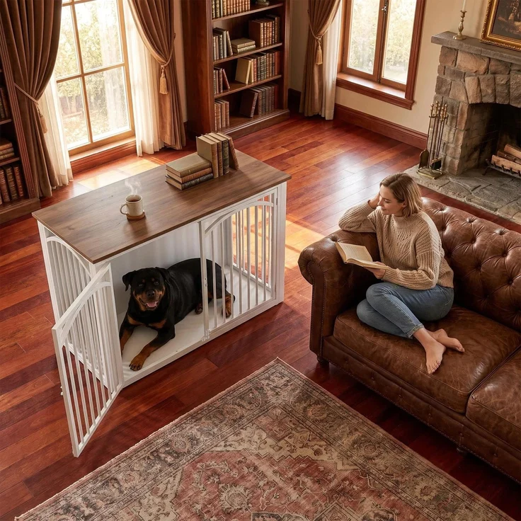Halupeit Hundebox mit Beistelltisch aus braun-weißem Holz, viertürig, geeignet für mittelgroße bis große Hunde, 120,5 × 65,5 × 81,5 cm – Bild 5