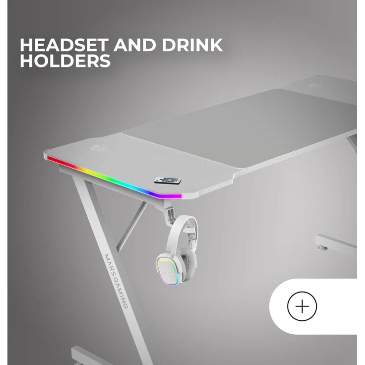 Mars Gaming MGD-X140RGB, Ergonomischer Gaming-Tisch, ARGB-Beleuchtung mit Fernbedienung, Carbonfaser, XXL-Mauspad, Kopfhörer und Getränkehalter, Kabelmanagement, Gaming-Schreibtisch 140x60 cm, Weiß – Bild 5