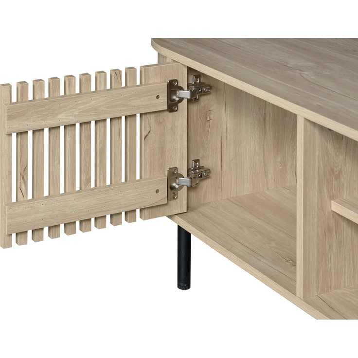 TV-Schrank Lowboard aus MDF mit durchbrochenem Holzdesign & 5 Beinen, für bis zu 65 Zoll, 160x40x47 cm, Naturholz – Bild 9