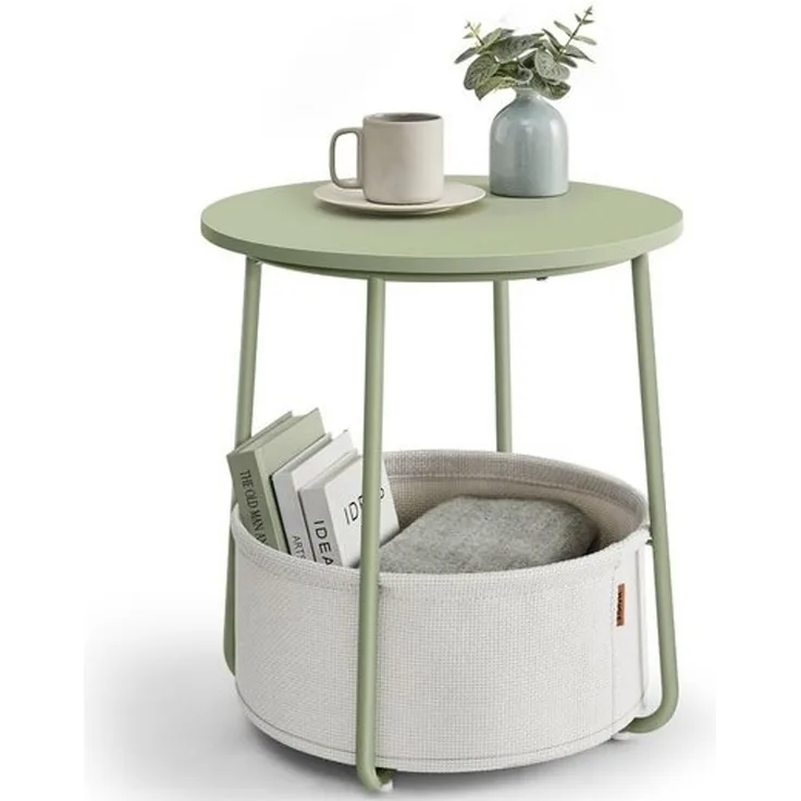VASAGLE Beistelltisch mit Korb aus Stoff, Holzspanplatte, Ø 45x50 cm, Lorbeegrün / Creme