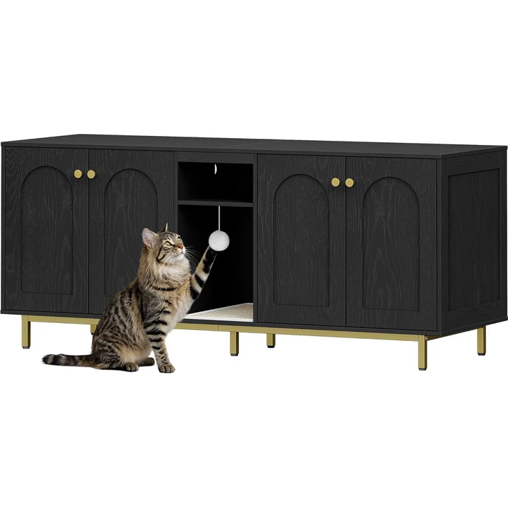 Katzenschrank für 2 Katzen, Katzenklo Schrank, Katzenhaus Versteckt mit Doppelräumen, Mit Stauraum, Plüschbälle, Kann als Fernsehschrank, 140 x 48 x 62 cm, Schwarz und Gold – Bild 2