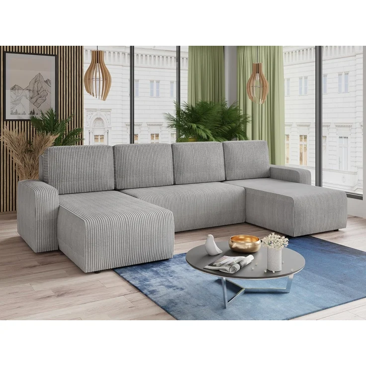 Wohnlandschaft mit Schlaffunktion Roma - U-Form Couch, Schlafsofa mit Bettkasten, Couchgranitur mit Bettfunktion, Big Sofa, Cord Stoff (Grau (Poso 110)) – Bild 2