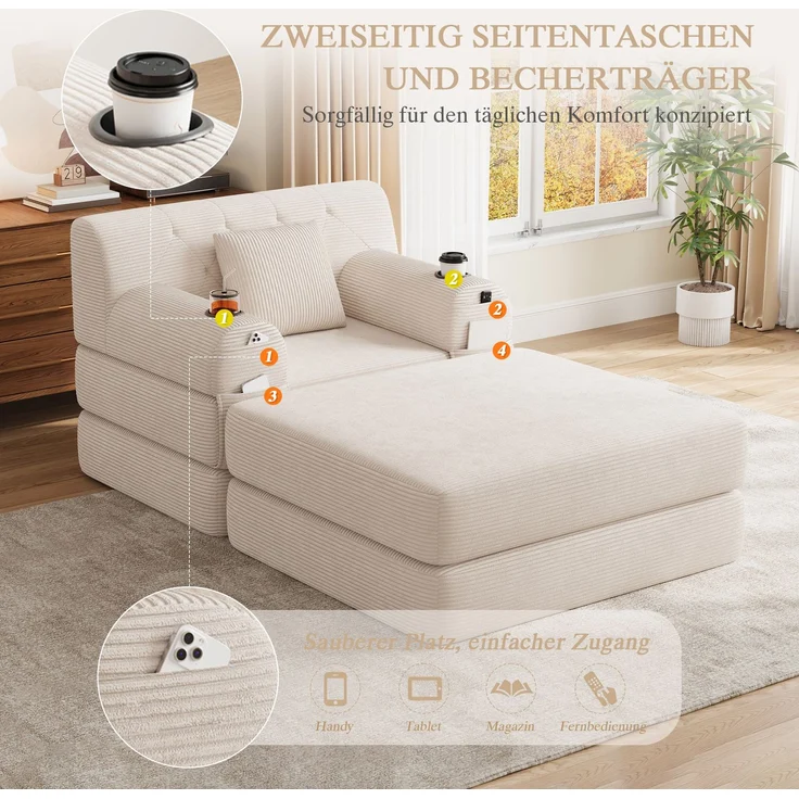 ZUBALIYA Schlafsofa 162x81 cm, mit Stauraum, mit Samtbezug, mit Cordbezug, mit Knopfheftung, mit breiten Armlehnen, Beige – Bild 8
