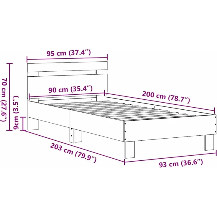 vidaXL Bettrahmen Schwarz Eichen-Optik 203 x 95 x 70 cm Holzwerkstoff 874114 – Bild 11