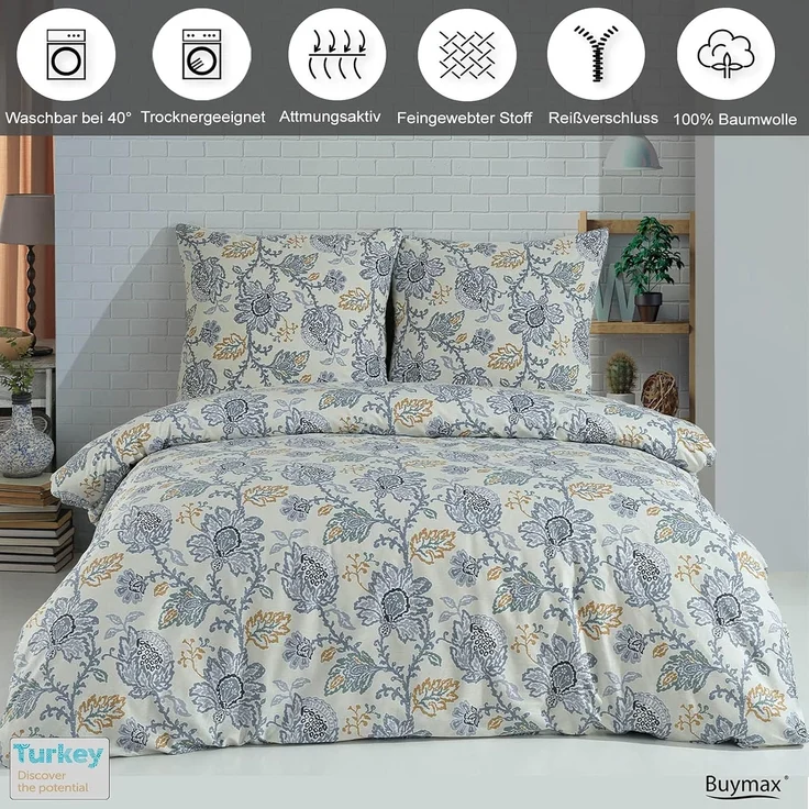 Buymax Bettwäsche, Renforcé, 2 teilig, 135x200 cm, 100% Baumwolle, mit Reißverschluss, Beige Grau – Bild 2
