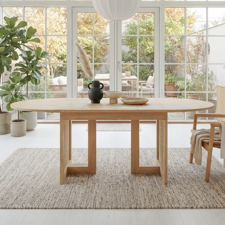 JARDJ Ausziehbarer Esstisch 150/200 * 90 cm, geeignet für 6–8 Personen,Esstisch mit abgerundeten Ecken, verdickte Tischplatte, ausziehbarer Esstisch im einfachen Stil, Tischbeine aus Rattan, Eichenfarbe – Bild 2