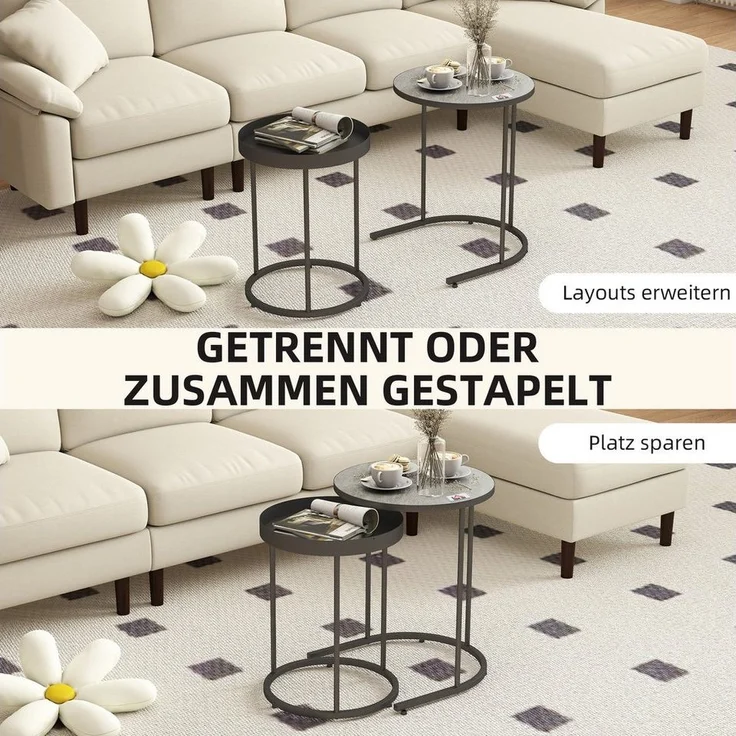 HOMCOM Beistelltisch mit Tablett-Design, Metallgestell (2er Set Wohnzimmertisch, 2-St, Runder Couchtisch), für Wohnzimmer Grau – Bild 3