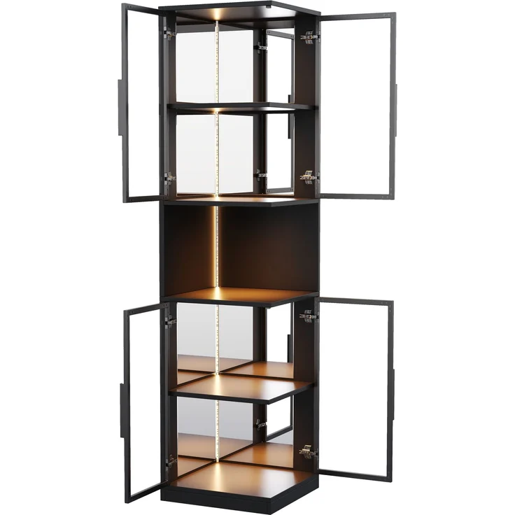 Vitrine 42x44x205 cm in Schwarz mit Glasfront, Spiegelrückwand und LED – Bild 6
