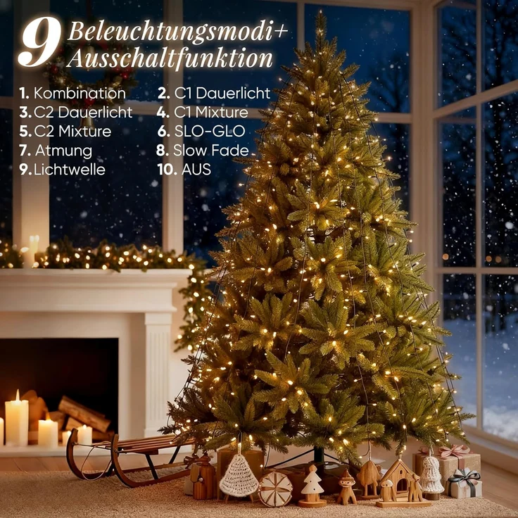 Salcar LED-Lichterkette LED Weihnachtsbaum Lichterkette – Warmweiß & Bunt umschaltbar, 2m 280 LED 9 Modi mit 8 Girlanden für 150cm - 240cm Tannenbaum – Bild 3