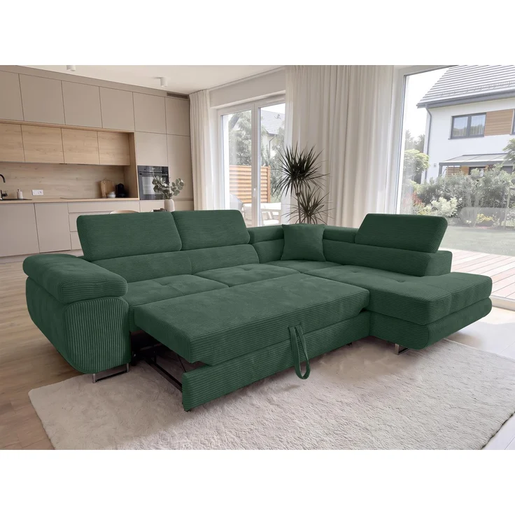 AX LIVING Konak Cord-Schlafsofa R Flaschengrün 276 cm, Bettkasten, Kopfstützen – Bild 2