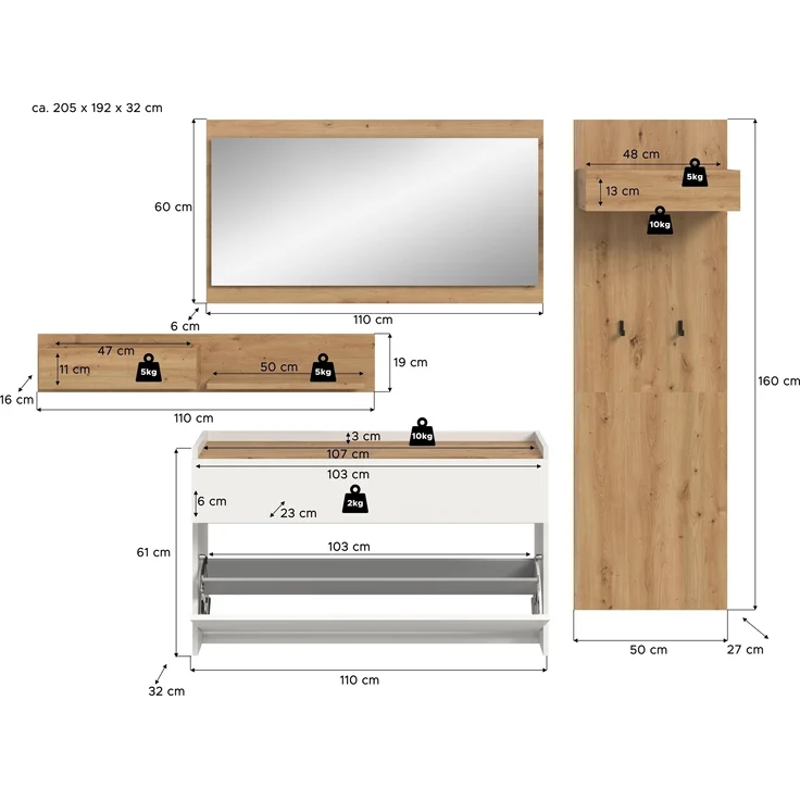 Garderoben-Set >Drive< in Weiß - 192x205x32cm (BxHxT) – Bild 4