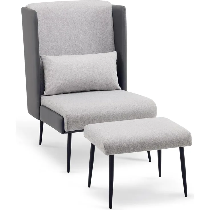 M MCombo Ohrensessel mit Hocker, Polstersessel Relaxsessel für Wohnzimmer, Lesesessel Bequem, Loungesessel Modern, Stoff/Kunstleder 4707 (Grau)