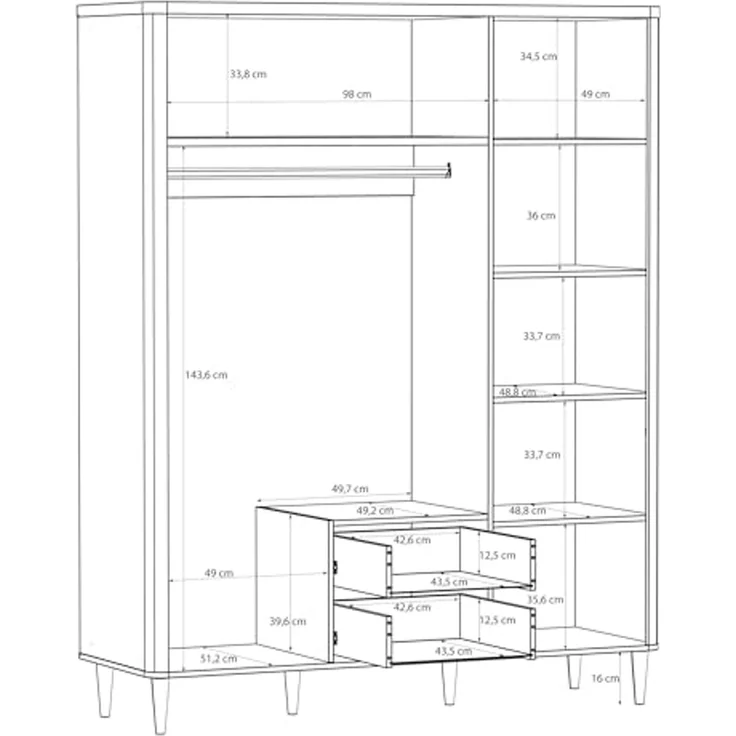 Forte LACETTI Kleiderschrank 160, eleganter Schrank mit Spiegel, 3-türig, 2 Schubladen, hohe Beine, Holzwerkstoff, Kaschmir-Beige-Valencia Eiche Holzdekor,159,8 cm breit x 200,5 cm hoch x 52,7 cm tief – Bild 7