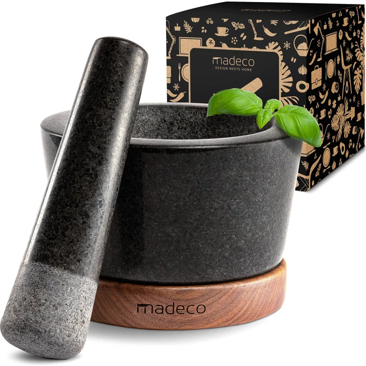 madeco Mörser mit Stößel Granit auf Holzsockel Nussbaum Ø 14,5 cm - Perfekt geeignet für Gewürze, Kräuter & Nüsse - Steinmörser Set - Design Granit Mörser & Stößel groß – Bild 8